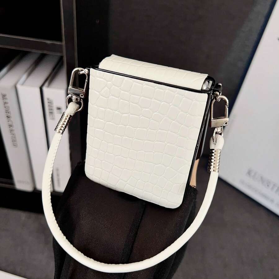 Luxury Classic Simple White Crocodile Texture Phone Case, Compatible With Samsung Galaxy Z Flip 7, Z Flip 6, Z Flip 5, Z, With Genuine Leather Lanyard - White - View 1
