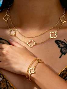 1pc 2025 New Minimalist Long Hollow Four-Leaf Clover Necklace, Elegant Gold Lucky Grass Chain Necklace For Women