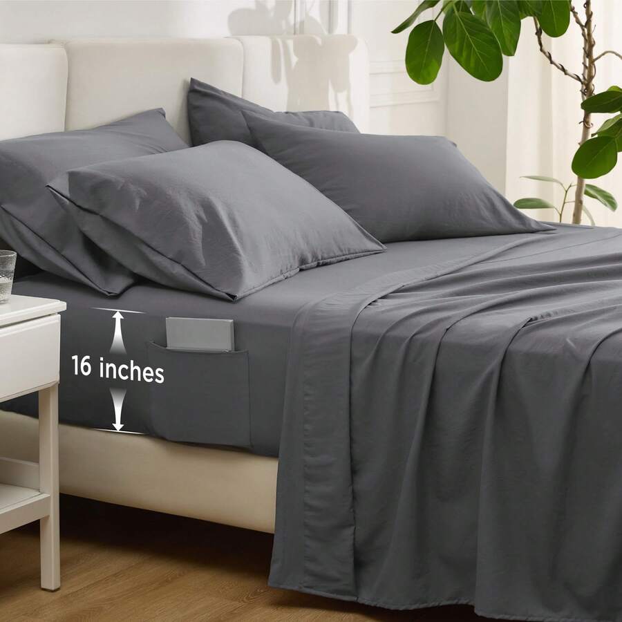 4/6pcs Luxury Soft Airy Bed Sheets Set - Deep Pocket Fitted Cover, Flat Sheet & 2 Or 4 Pillowcases,Shrinkage & Fade Resistant For Mattresses, All-Season Easy Care Bedding Gift,Queen Size Luxury Hotel-Grade Bed Sheet Set - Màu xám đen - Xem 1