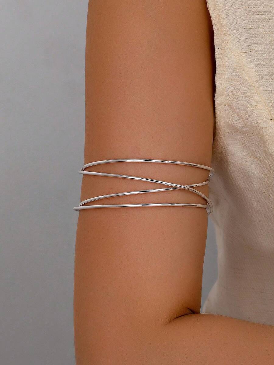 1 Pc Silver Color Simple Metal Wire Cross Arm Cuff Bangle Bracelet For Women