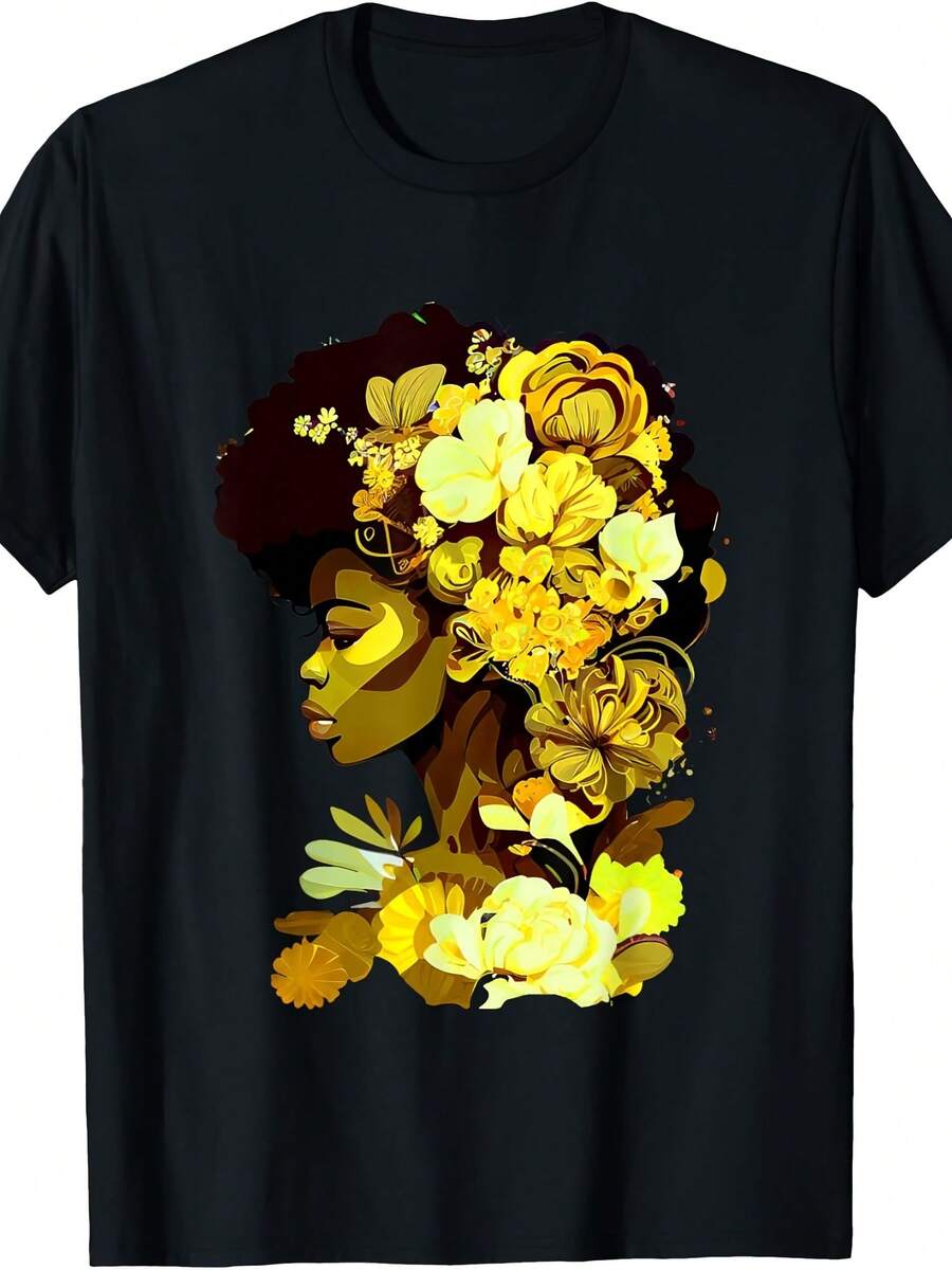 Beautiful Afro Queen African Art Yellow Flowers T-Shirt - Gaya 13 - View 1