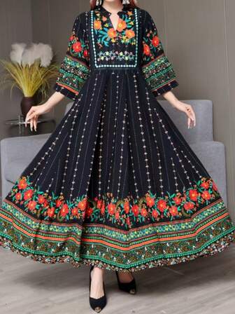 Plus Size Middle Eastern/Arabic Style Bohemian Embroidered Dress, Print Flowy Casual Vacation Beach Long Dress