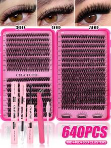 640pcs D-Shaped Segmented False Eyelashes, 10D+20D+30D+40D+50D Mixed Length, Thick & Natural Black Individual Lashes DIY Home Kit. Thickened Design, Easy For Beginners. Long-Lasting & Comfortable Wear, Suitable For Parties And Various Occasions. - 粉色 - 查看 12