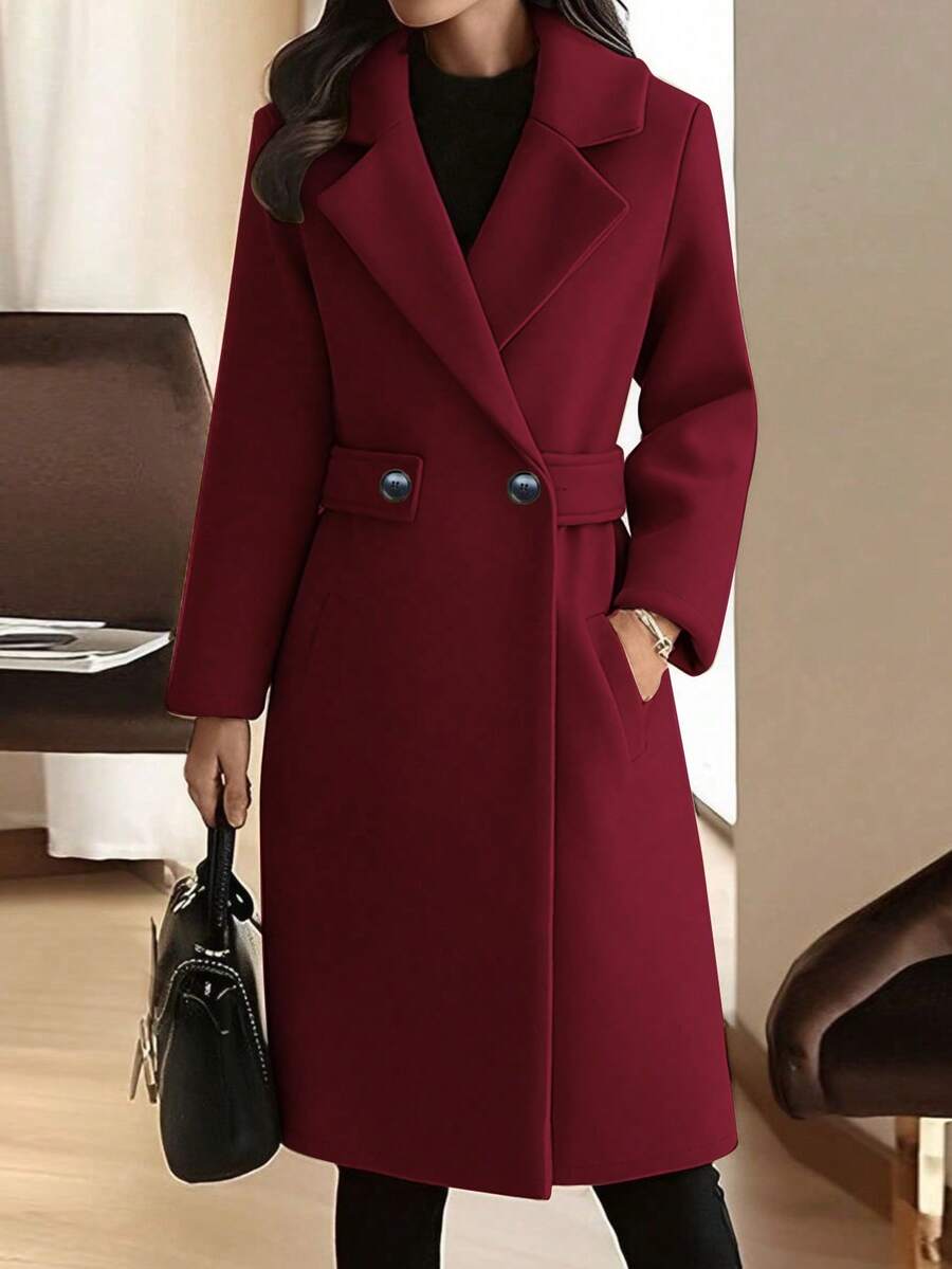 SMILE CHIC Wine Red Slimming Faux Belt Fitted Overcoat, Solid Color With Pockets And Buttons, Autumn/Winter - Burgundy - View 1