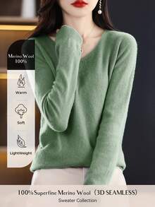 100% 美利奴羊毛女士毛衣 V 领套头衫 一线成衣休闲长袖无缝针织毛衣 - 橄欖綠 - 查看 6