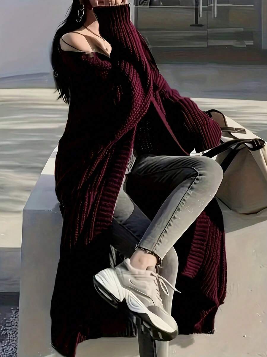 Fondi Plus Size Solid Color Cardigan With Pockets, Long Drop Shoulder Sleeves, Rib Knit Slit Hem, Soft Fabric, Casual Loose Knit Sweater Coat, Long Sleeve, Winter, Valentine's Day Gift - Màu Đỏ Sâu - Xem 1
