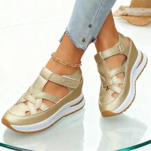 Women's Leather Strap Chunky Heel Waterproof Platform Peep Toe Sandals With Buckle, And Comfy For Summer Vacations, Casual Walks, And Shopping - Vàng - Xem 2