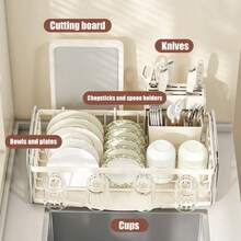 1PCS Large Steel Dish Drainer Rack With Drip Tray Cutlery Holder Plate Rack Kitchen Sink - Cream Silver - View 5