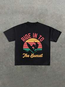 Retro Ride Into The Sunset Surfing Graphic Tee, 220g 100% Cotton Crew Neck T-Shirt With A Unique Print Design - Black - View 1