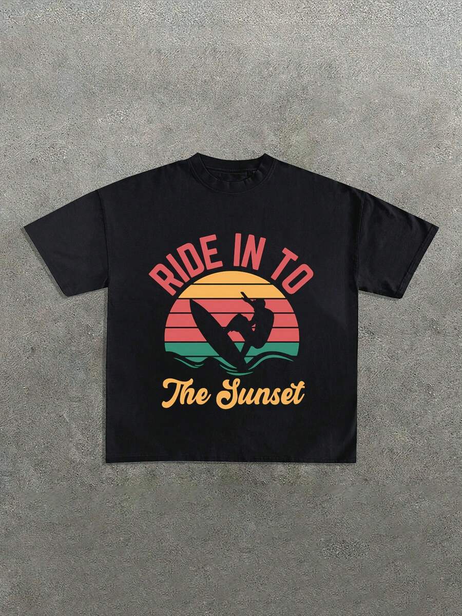 Retro Ride Into The Sunset Surfing Graphic Tee, 220g 100% Cotton Crew Neck T-Shirt With A Unique Print Design - Black - View 1