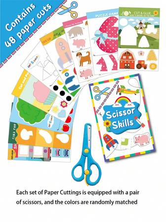 48件儿童剪纸玩具，卡通DIY手工工艺品，自粘贴纸，幼儿园亲子互动剪纸书，含1把剪刀（颜色随机）