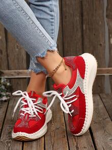 女士休闲运动鞋，红色绒面厚底鞋，时尚水钻装饰，舒适百搭，轻便