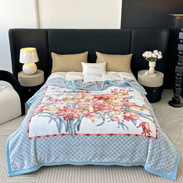 1pc High Quality Blanket, Double-Layer Thick Raschel Super Soft Cloud Blanket, Floral Print Luxurious Bed Blanket, Thick Double-Layer Blanket, Suitable For All Seasons