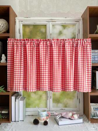 1 pieza Cortina corta tejida a cuadros rojos, decoración de estilo granja vintage para la cocina, elegante cortina a cuadros rojos adecuada para la cocina, el baño, la cafetería, el tocador, el armario, cortina antipolvo, con bolsillo para la barra, la sala de estar, la estantería, el balcón, el dormitorio, ventana pequeña, decoración del hogar, para todo el año