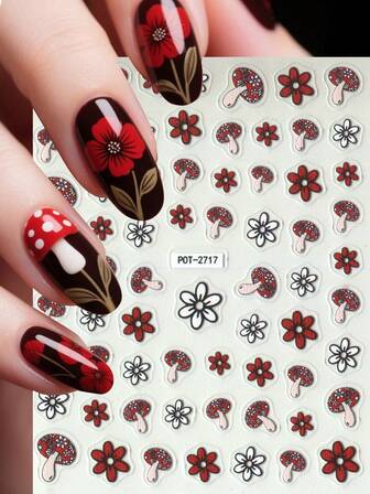 1 件 3D 花卉美甲贴纸，自粘塑料指甲贴花，可爱蘑菇，红白花朵图案，卡通主题，闪亮表面，不对称形状，女士一次性 DIY 美甲沙龙用品