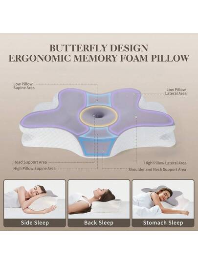 Memory Foam Pillow, Neck Support Ergonomic Kussen Side, Back Stomach Sleepers, Contoured Bed Breathable Cover, White/Grey view 4
