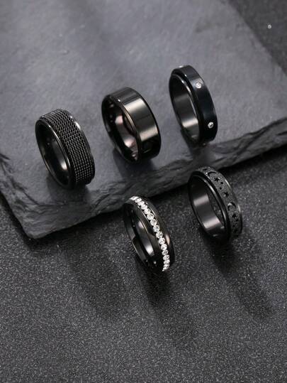 5 Peças Conjunto de Anéis Pretos de Aço Inoxidável Gótico para Homens, Inclui Elementos de Cristal de Estrela e Lua, Adequado para Uso Diário, Festivais, Encontros, Noivados