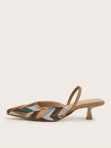 Women's Bohemian Style Kitten Heel Shoes, Geometric Woven Pointed Toe High Heels, Fashionable Ankle Strap High Heels, Formal Occasion Wedding Party Mule Shoes - Multi-colored Apricot - View 6