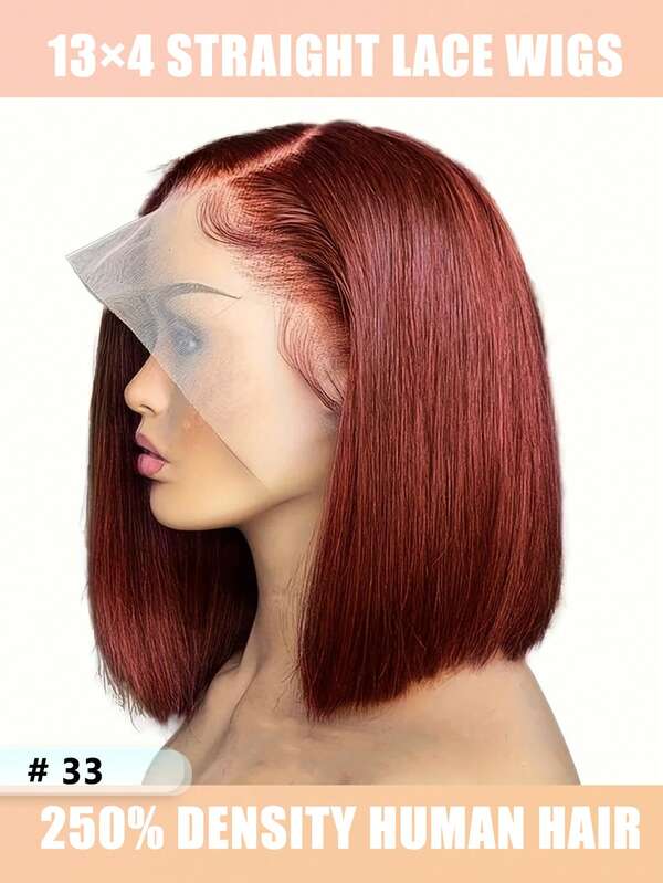 Elegancka rudobrązowa peruka typu bob dla kobiet - 13x4 koronka z przodu, wstępnie wyrwane włosy od młodych, gęstość 250%, prosta, 10 cali #33 rudobrązowa krótka peruka typu bob z ludzkich włosów, bezklejowa prosta peruka dla kobiet, prezenty świąteczne, naturalny wygląd dla wszystkich grup etnicznych, peruka na co dzień | Prosty bob | Peruka bezklejowa Elegancka rudobrązowa krótka peruka typu bob dla kobiet - 10 cali proste włosy ludzkie, długość do ramion, naturalny wygląd do strojów codziennych, peruka na prezent dla kobiet