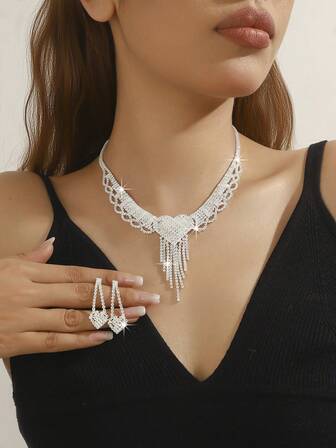 1 Set Heart-Shaped + Tassel Copper Material Sparkling Cubic Zirconia Necklace And Earrings, Suitable For Weddings, Parties, Gatherings, And Outfits