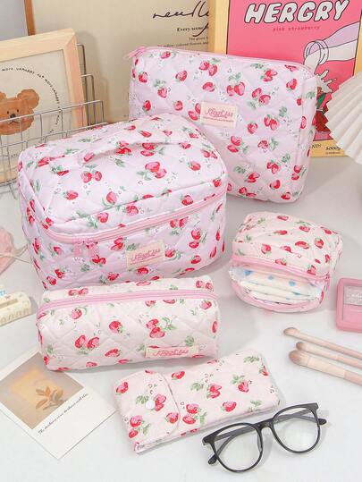 Pink Strawberry Pattern Makeup Bag Girly Foam Quilted Make Up Bags Large Capacity Travel Cosmetics Handbag Multi-Functional Items Storage Bag Cute Strawberry Print Eyeglasses Storage Bag Handheld Travel Toiletry Bag Lovely Pencil Case Practical Makeup Brushes Storage Bag Mini Sanitary Napkin Storage Bag