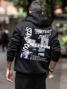 Men's Autumn/Winter New Streetwear Statue Of Liberty, Architecture Graphic Patchwork English Slogan Print Fleece Hoodie - 黑色 - 查看 2