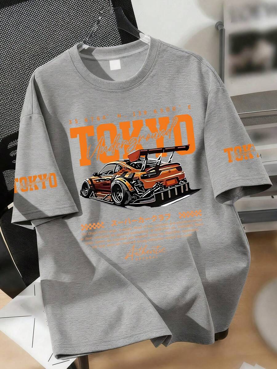 Teen Boys Tokyo Print Graphic Tee, Short Sleeve Car Print, Racing Vibe, Urban Style - Grey - View 1