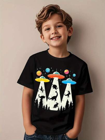 Camiseta gráfica clásica de dinosaurio OVNI para ni?o, 100 % algodón, cómoda y transpirable, con estampado visual clásico.