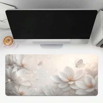 1 件装柔和色调白色玉兰花蝴蝶鼠标垫 - 梦幻花卉疗愈美学，丝滑表面带来轻松精准的导航体验，以及视觉上令人放松的工作/游戏体验；防滑橡胶底座确保鼠标垫稳固贴合桌面；结实缝边经久耐用，不易变形；是打造宁静简约自然桌面氛围的理想之选；也是花卉爱好者和远程办公人士的完美礼物。