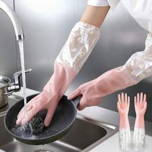 粉色橡胶手套，橡胶清洁手套，可重复使用清洁手套，洗碗专用，加厚防水家用洗碗手套，带长弹性袖口，适用于厨房、洗衣、水果清洗，耐油抗撕裂。 - 彩色 - 查看 2