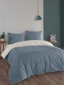 Double Bed Duvet Cover Set – 200x220 Cm Duvet, 180x200 Cm Fitted Sheet & 2 Pillowcases (50x70 Cm) – 80% Cotton, 20% Polyester – Soft, Durable & Easy-Care Bedding – Made In Turkey - Dusty Blue - View 4