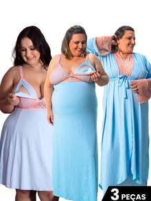 Kit Camisola Amamentação Longa e Curta com Robe Longo Plus Size Pós Parto Gestante Confortável - Azul - Visão 8