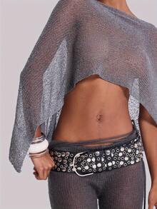 Women Sheer Poncho Shrug Lightweight See Through Knitted Mesh Shawl Y2k Asymmetrical Poncho Tops Cover Ups - 銀色 - 查看 3