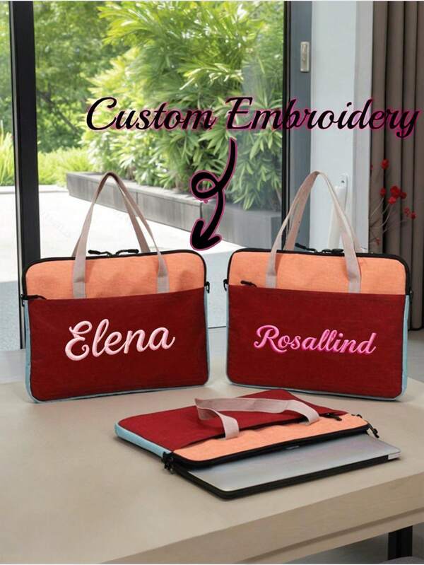 1 peça Nova Bolsa para Laptop/Maleta em Cor Dopamina (Bordada Personalizada), Nome Bordado Personalizado, Unissex, Super Capacidade, Alça de Ombro/Mão, Alça Ajustável, Durável, Zíper Suave, Textura Macia e Fina, Bolsa de Transporte, Bolsa para Laptop