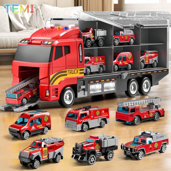 TEMI TEMI Toddler Toys For 3 4 5 6 Years Old Boys, Die-Cast Construction Toys Car Carrier Vehicle Toy Set With Play Mat, Kids Toys Truck Alloy Metal Car Toys Set For Age 3-9 Toddlers Kids Boys & Girls