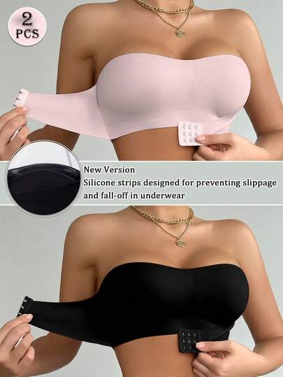 2 pièces/Set Soutien-gorge bandeau sans bretelles de couleur unie avec fermeture devant, bandes de silicone antidérapantes améliorées, soutien-gorge sans fil confortable avec fines coupes, soutien-gorge de levage et de séparation non traditionnel pour femmes