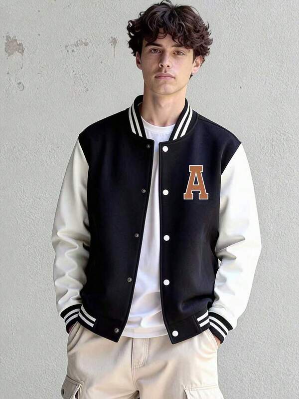 1pc Teenager Boys' Casual Loose Fit Contrast Color Letter Print Zip-Up Baseball Jacket, Suitable For Home, Commute, School, Outdoor, Party, Street Wear, Autumn/Winter