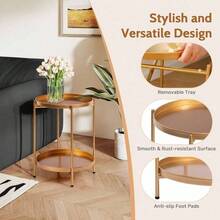Round Side Table With 2-Tier Storage Modern Metal End Table With Removable Tray Small Coffee Table For Living Room Bedroom Balcony Patio - Gold - View 4