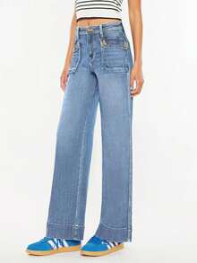 Women Wide Leg Jeans Tummy Control Mid-High Waisted Straight Stretchy Denim Pants With Pockets - 淺藍色 - 查看 3