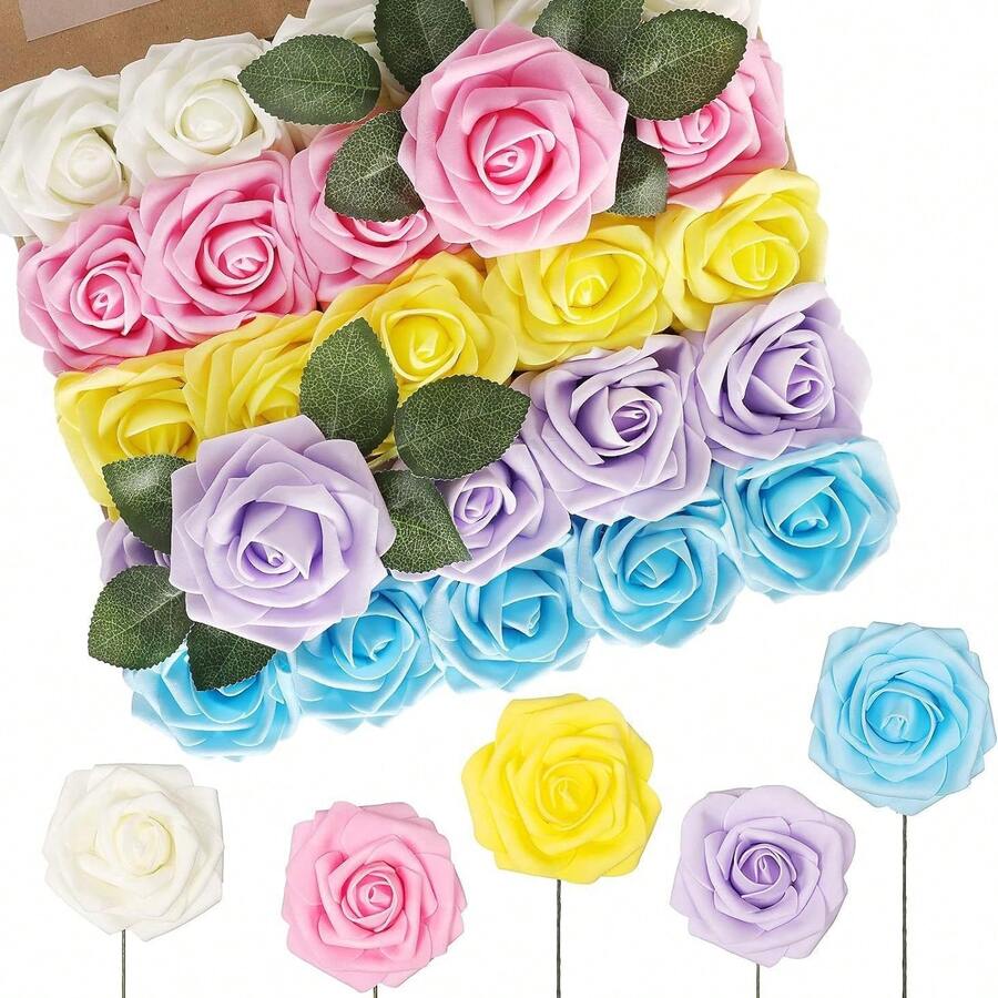 5/10/15/20/25 قطعة من الورود الزائفة ذات المظهر الحقيقي مع الساق لباقات الزفاف DIY وترتيبات المناسبات والحفلات وديكور المنزل (تغليف أكياس OPP)