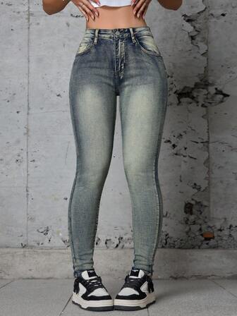 Women's Fashionable Vintage Washed Skinny Jeans, All Season