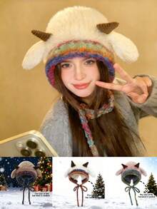 Ein süßer, modischer und vielseitiger gestrickter Hut mit Riemen für eine pelzige Weihnachts-Outdoor-Reise-Party für Damen, Mädchen und Studenten, um sich warm zu halten, die Ohren zu schützen und im Winter warm zu bleiben