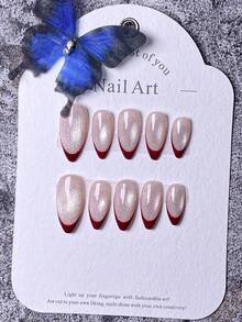 10片手工美甲贴纸，短指甲适用，法式美甲，红色、金色、白色、蓝色可选，圣诞主题美甲，可爱金色雪花十字架装饰，手工钻石堆叠圣诞树和雪花元素，附赠美甲工具，杏仁形美甲贴片，适合女性和女孩。 - 紅色 - 查看 3