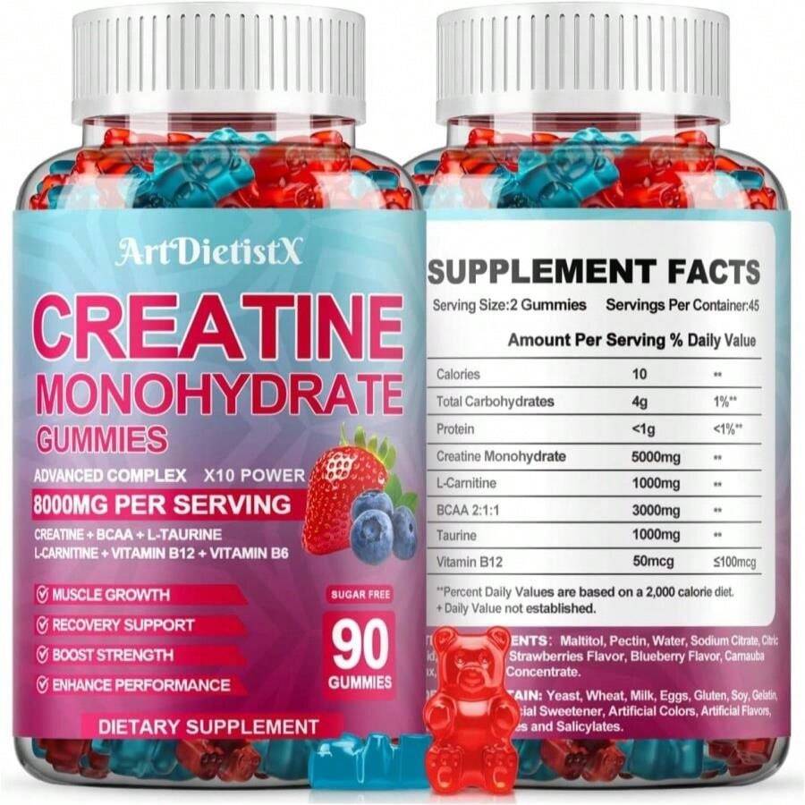 Creatine Monohydrate 8000mg Gummies With BCAA, L-Carnitine, Taurine &Amp; Vitamin B12 - Pre Workout Supplement For Muscle Growth, Strength &Amp; Energy - Pineapple Flavor Gummies, 180 Count For Men &Amp; Women - Tên hương vịA - Xem 1