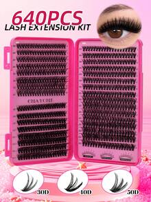 640pcs D-Shaped Segmented False Eyelashes, 10D+20D+30D+40D+50D Mixed Length, Thick & Natural Black Individual Lashes DIY Home Kit. Thickened Design, Easy For Beginners. Long-Lasting & Comfortable Wear, Suitable For Parties And Various Occasions. - 粉色 - 查看 10