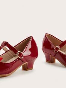 1 双女童双层薄纱蝴蝶结 PU 皮革高跟尖头优雅时尚百搭派对鞋，适合春季、夏季、秋季 - 酒紅色 - 查看 4