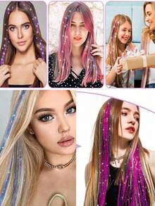 12 peças de extensões de cabelo sintético liso médio com presilha, ideal para festas e Natal. Extensões de cabelo loiro com fio metálico, 12 peças por pacote, 50 cm (20 polegadas) com glitter colorido, perfeitas para presentear em festas e ocasiões especiais. Acessórios de cabelo deslumbrantes para festas e ocasiões especiais. - Multicolorido - Ver 6