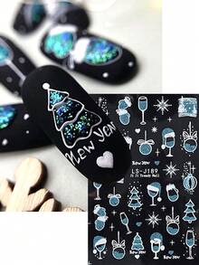 2 pezzi Adesivi per unghie decorativi natalizi e per Capodanno, con glitter blu, bicchiere di vino, cappello di Babbo Natale, palline di Natale, albero di Natale, decorazioni per unghie lucide e carine, adesivi per unghie fai-da-te, forniture per salone di manicure