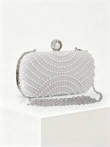 1 pieza Elegante bolso de mano tipo clutch con caja de perlas falsas, bolso de mano romántico para fiesta de boda con decoración de cristal de lujo, adecuado para novia en ocasiones formales, bolso de mano para boda