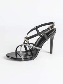 Women's Fashionable High Heel Sandals, Sexy Criss-Cross Strap, Party Wear, Rhinestone Buckle, Glitter, Stiletto Heel, Open Toe, Open Heel, Classic Round Toe Summer Outdoor Sandals, Solid Color, Minimalist, Bow Accent - Black - View 12